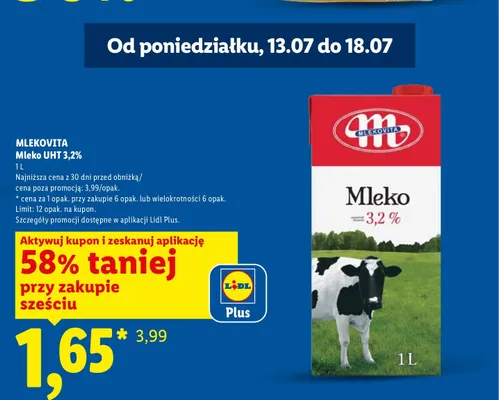 Mleko UHT 3,2% Mlekovita promocja w Lidl