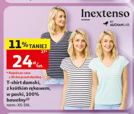T-shirt damski z krótkim rękawem w paski 100% bawełna Inextenso promocja w Auchan