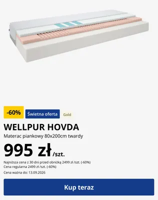 Materac piankowy Wellpur Hovda 80x200 cm twardy Gold promocja w Jysk