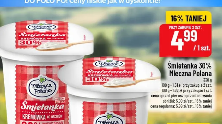 Śmietanka kremówka Mleczna Polana 30% promocja w POLOmarket