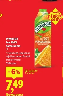 Sok 100% pomarańcza Tymbark promocja w Lidl