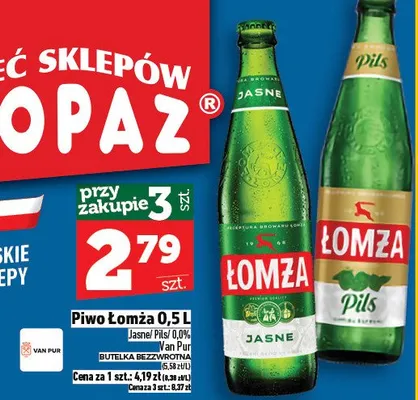 Piwo Łomża Jasne lub Pils promocja w TOPAZ
