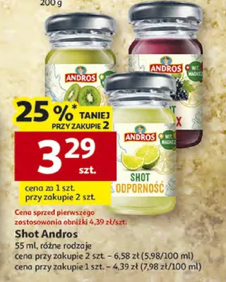 Shot Andros 55 ml, różne rodzaje, cena przy zakupie 1 szt. - 4.39 zł (7.98 zł/100 ml) promocja w Auchan