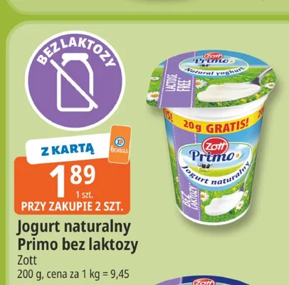 Jogurt naturalny Primo bez laktozy Zott promocja w Leclerc