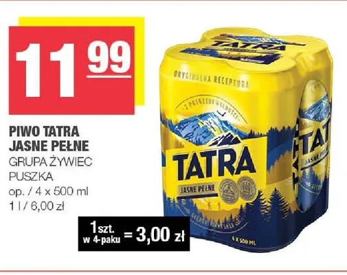 Piwo Tatra Jasne Pełne 4-pak 500 ml promocja w SPAR
