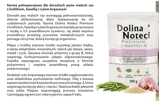 Karma w saszetce dla psów Dolina Noteci Premium małe rasy z królikiem, fasolką i ryżem brązowym promocja w Biedronka