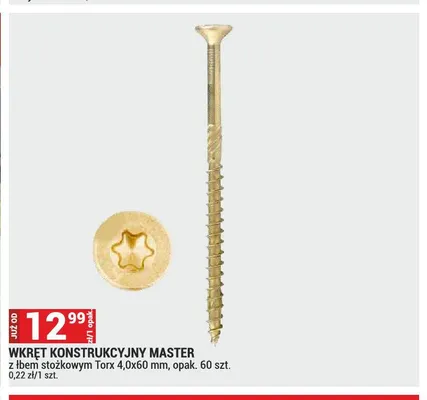 Wkręt konstrukcyjny Master z łbem stożkowym Torx 4,0x60 mm promocja w Merkury Market