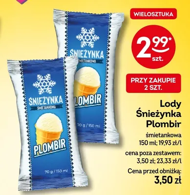 Lody Śnieżynka Plombir śmietankowa promocja w Żabka