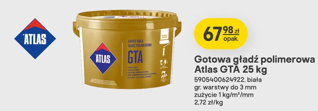 Gotowa gładź polimerowa Atlas Gta 25 kg promocja w Castorama