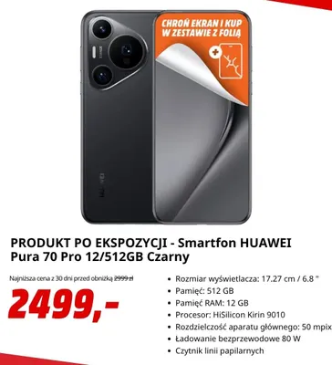 Smartfon po ekspozycji Huawei Pura 70 Pro 12/512GB Czarny promocja w Media Markt