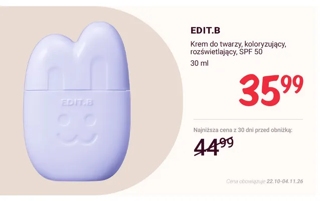 Krem do twarzy koloryzujący rozświetlający SPF 50 EDIT.B promocja w Rossmann