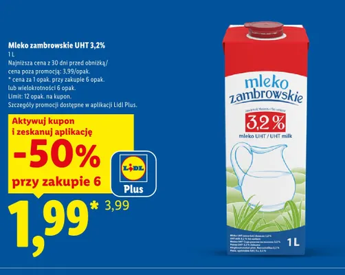 Mleko UHT Zambrowskie 3,2% promocja w Lidl