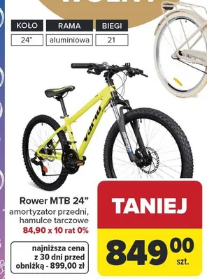 Rower MTB 24" amortyzator przedni hamulce tarczowe promocja w Carrefour