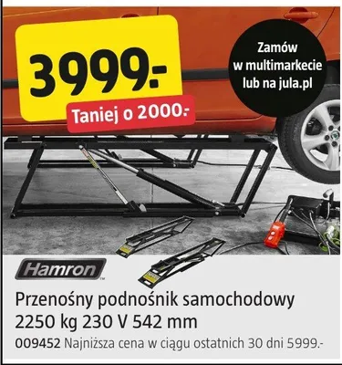 Przenośny podnośnik samochodowy 2250kg 230V 542mm promocja w Jula