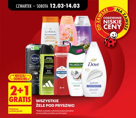 Wszystkie żele pod prysznic 2+1 GRATIS promocja w Biedronka