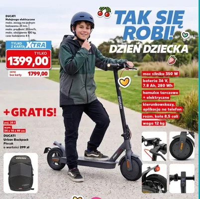 Hulajnoga elektryczna DUCATI moc silnika 350W bateria 36V 7.8Ah 280 Wh hamulce tarczowe + elektryczne kierunkowskazy aplikacja na telefon rozm. koła 8,5 cali waga 12kg promocja w Dzień Dziecka