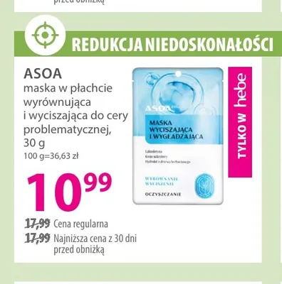 Maska w płachcie wyrównująca i wyciszająca do cery problematycznej Asoa promocja w Hebe