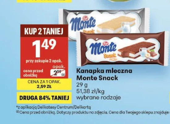 Kanapka mleczna Zott Monte Snack promocja w Delikatesy Centrum
