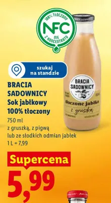 Sok jabłkowy 100% tłoczony z gruszką, z pigwą lub ze słodkich odmian jabłek promocja w Lidl