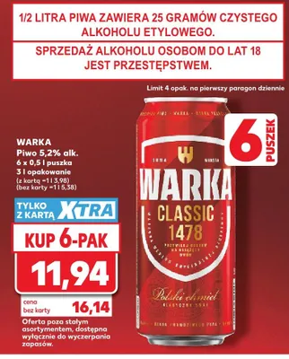 Piwo Warka Classic 6-pak 0,5l promocja w Kaufland