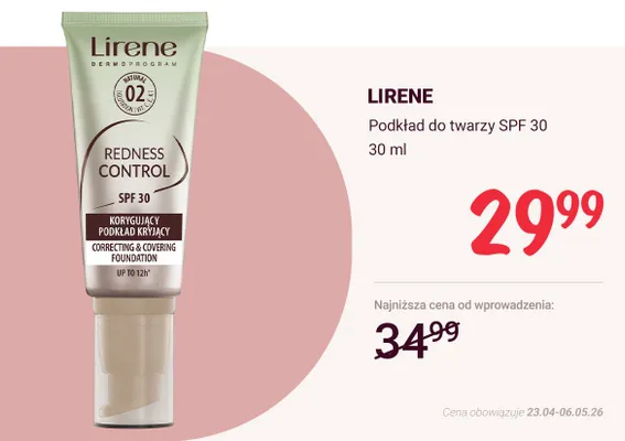 Podkład do twarzy SPF 30 Redness Control korygujący kryjący Lirene promocja w Rossmann