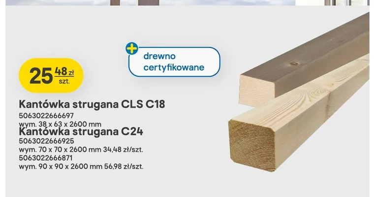 Kantówka strugana Cls C18 38x63x2600 mm promocja w Castorama
