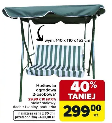 Huśtawka ogrodowa 2-osobowa, stelaż stalowy, dach z tkaniny, poduszka promocja w Carrefour