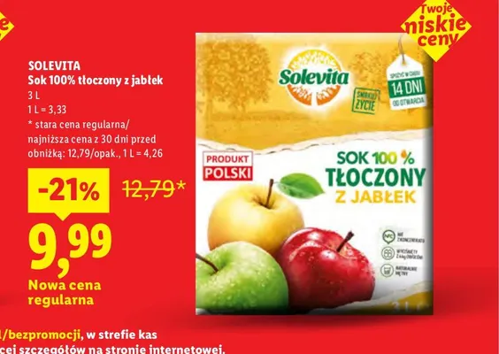 Sok tłoczony z jabłek Solevita 100% promocja w Lidl