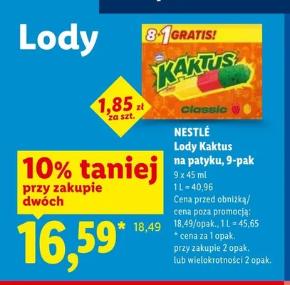 Lody Kaktus na patyku 9-pak 45ml promocja w Lidl