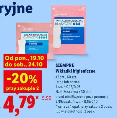 Wkładki higieniczne klasyczne normal Siempre promocja w Lidl