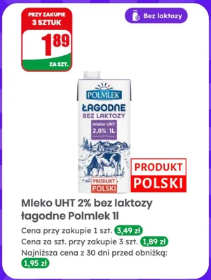 Mleko UHT 2% bez laktozy Łagodne Polmlek promocja w Dino