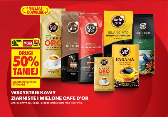 Wszystkie kawy ziarniste i mielone Cafe d'OR DRUGA -50% promocja w Biedronka