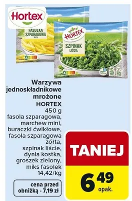 Warzywa jednoskładnikowe mrożone 450g fasola szparagowa, marchew mini, buraczki ćwikłowe, fasola szparagowa żółta, szpinak liście, dynia kostka, groszek zielony, mieszanka fasolek promocja w Carrefour Market