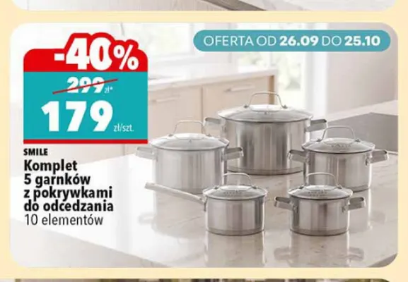 Komplet 5 garnków z pokrywkami do odcedzania 10 elementów Smile promocja w Biedronka
