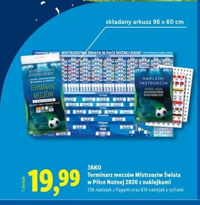 Terminarz meczów Mistrzostw Świata w Piłce Nożnej 2026 z naklejkami JAKO składany arkusz 98x60cm promocja w Lidl