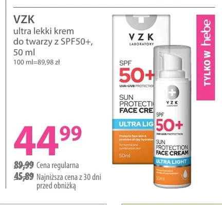 Krem do twarzy VZK ultra lekki SPF50+ promocja w Hebe