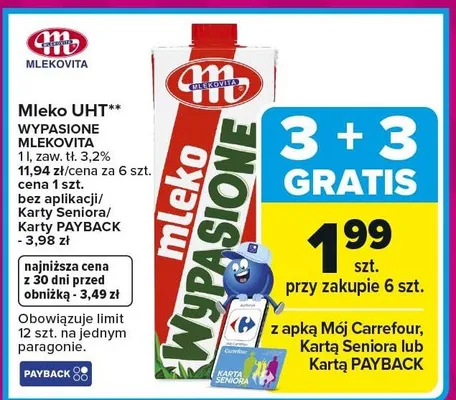 Mleko UHT WYPASIONE MLEKOVITA 1 l, zaw. tł. 3.2% promocja w Carrefour Market