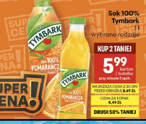 Sok pomarańcza Tymbark 100% promocja w Delikatesy Centrum