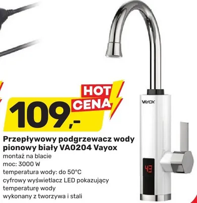 Przepływowy podgrzewacz wody pionowy biały VA0204 montaż na blacie moc: 3000W temperatura wody: do 50°C cyfrowy wyświetlacz LED pokazujący temperaturę wody wykonany z tworzywa i stali promocja w Bricomarche