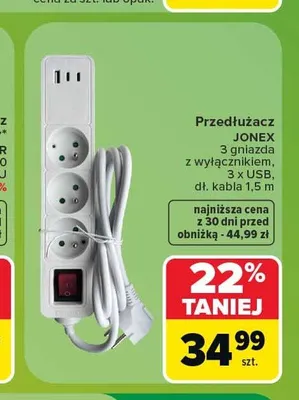 Przedłużacz Jonex 3 gniazda promocja w Carrefour