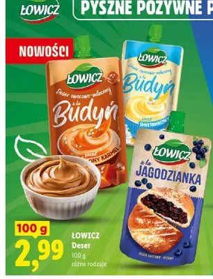 Deser owocowo-mleczny à la Budyń smak śmietankowy Łowicz promocja w Lidl
