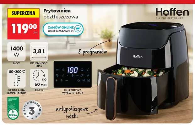 Frytownica beztłuszczowa Hoffen 1400W 3,8l 8 programów promocja w Biedronka
