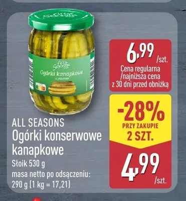 Ogórki konserwowe kanapkowe All Seasons promocja w Aldi
