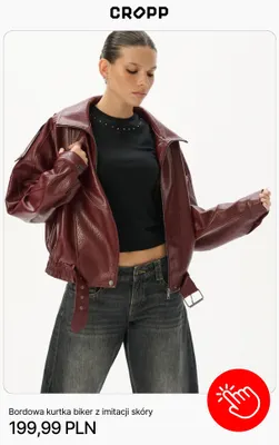 Bordowa kurtka biker z imitacji skóry Cropp promocja w Cropp