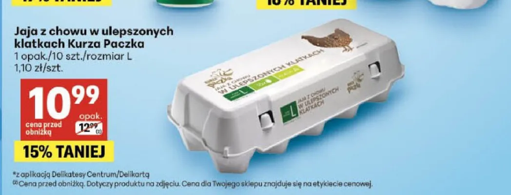Jaja z chowu w ulepszonych klatkach Kurza Paczka rozmiar L promocja w Delikatesy Centrum
