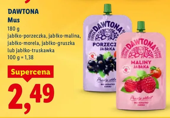 Mus jabłko-porzeczka, jabłko-malina, jabłko-morela, jabłko-gruszka lub jabłko-truskawka promocja w Lidl