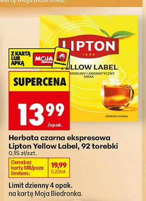Herbata czarna ekspresowa Lipton Yellow Label promocja w Biedronka