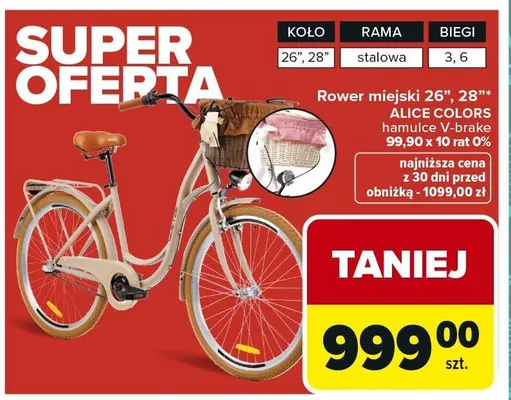 Rower miejski 26", 28" Alice Colors promocja w Carrefour