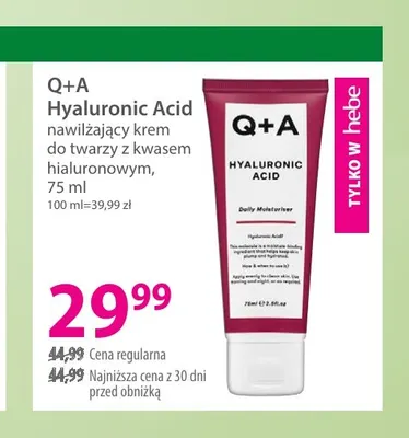 Hyaluronic Acid nawilżający krem do twarzy z kwasem hialuronowym Q+A promocja w Hebe