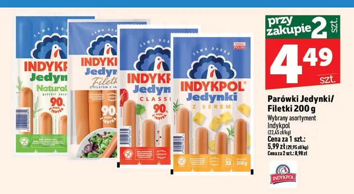 Parówki Jedynki z serem Indykpol promocja w TOPAZ